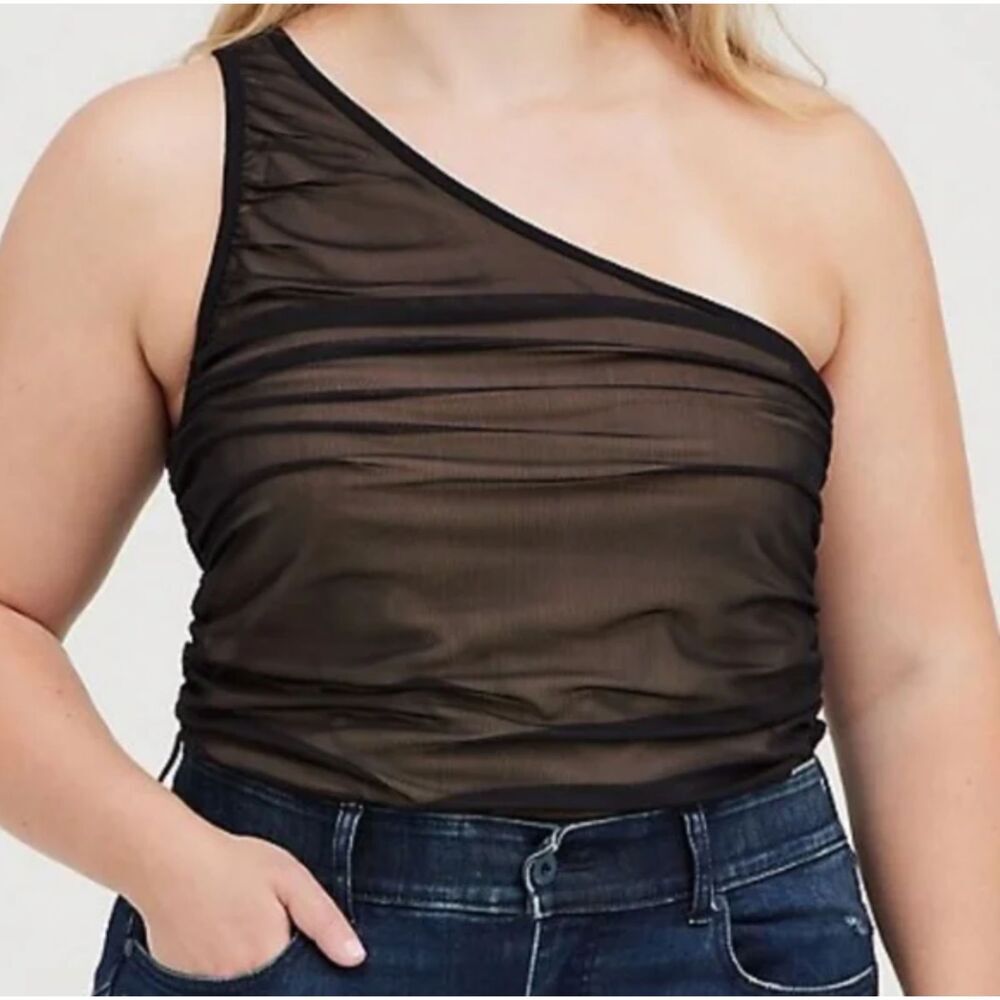 torrid Black One-Shoulder Sheer Ruched Tank- Size 0x